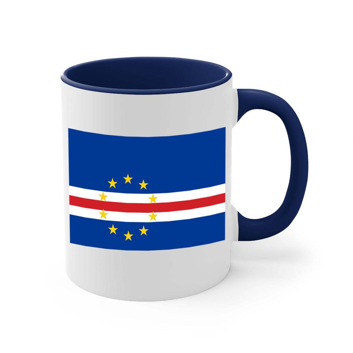 Cabo Verde 169# Mug featuring a glossy finish with a colorful handle and interior, available in multiple sizes.